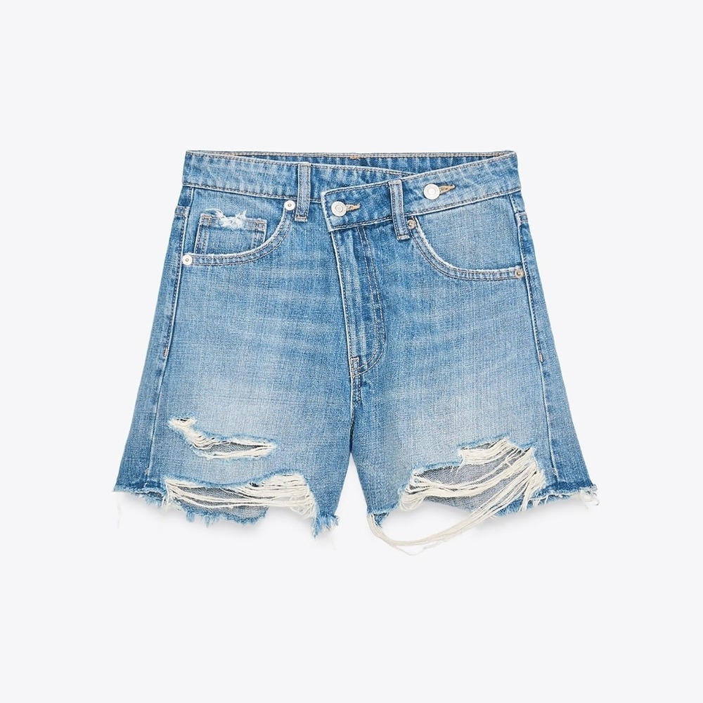 Zara Asymmetric Crossover Waist Distressed Denim‎ Shorts Blue Cut Offs